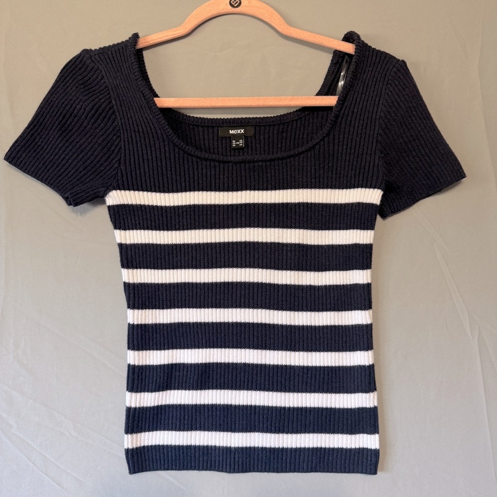 Mexx Womens Ribbed Top XS Navy White Stripe Coastal Nautical Stretch Preppy